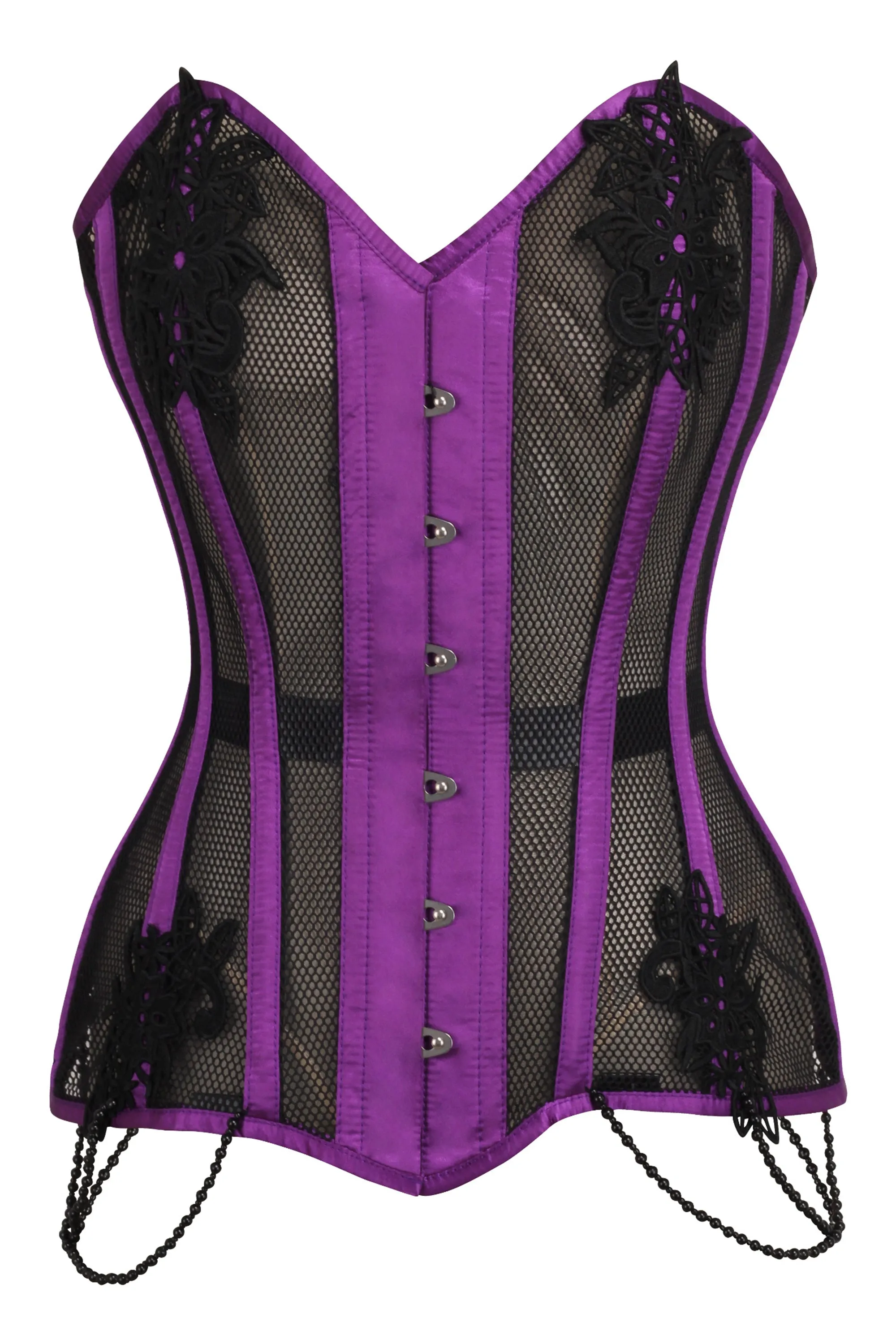 Purple Mesh and Lace Appliqué Waist Taming Overbust Corset sold by Corset Story