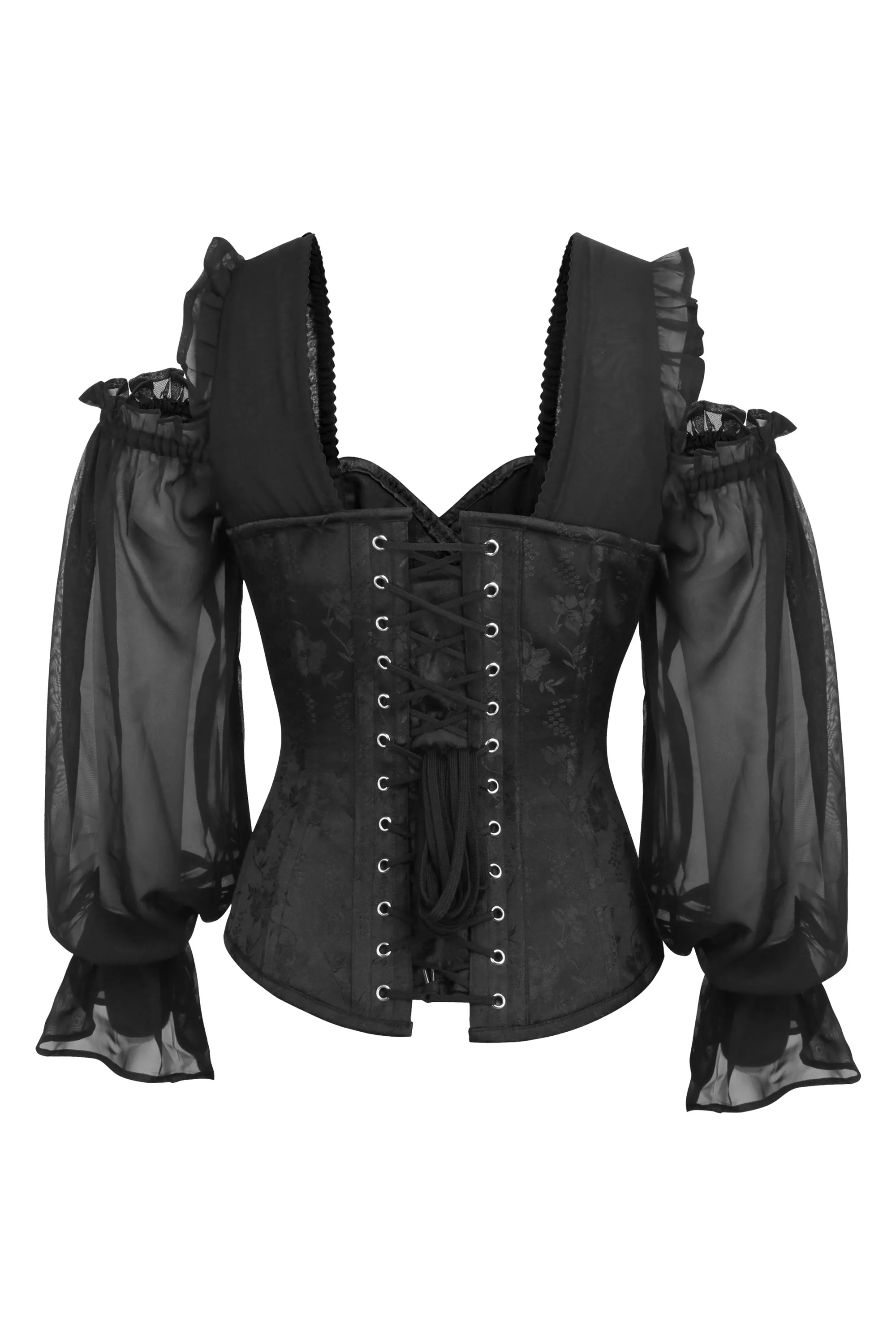 Black Brocade Corset Top with Chiffon Sleeves sold by Corset Story product image thumbnail 2