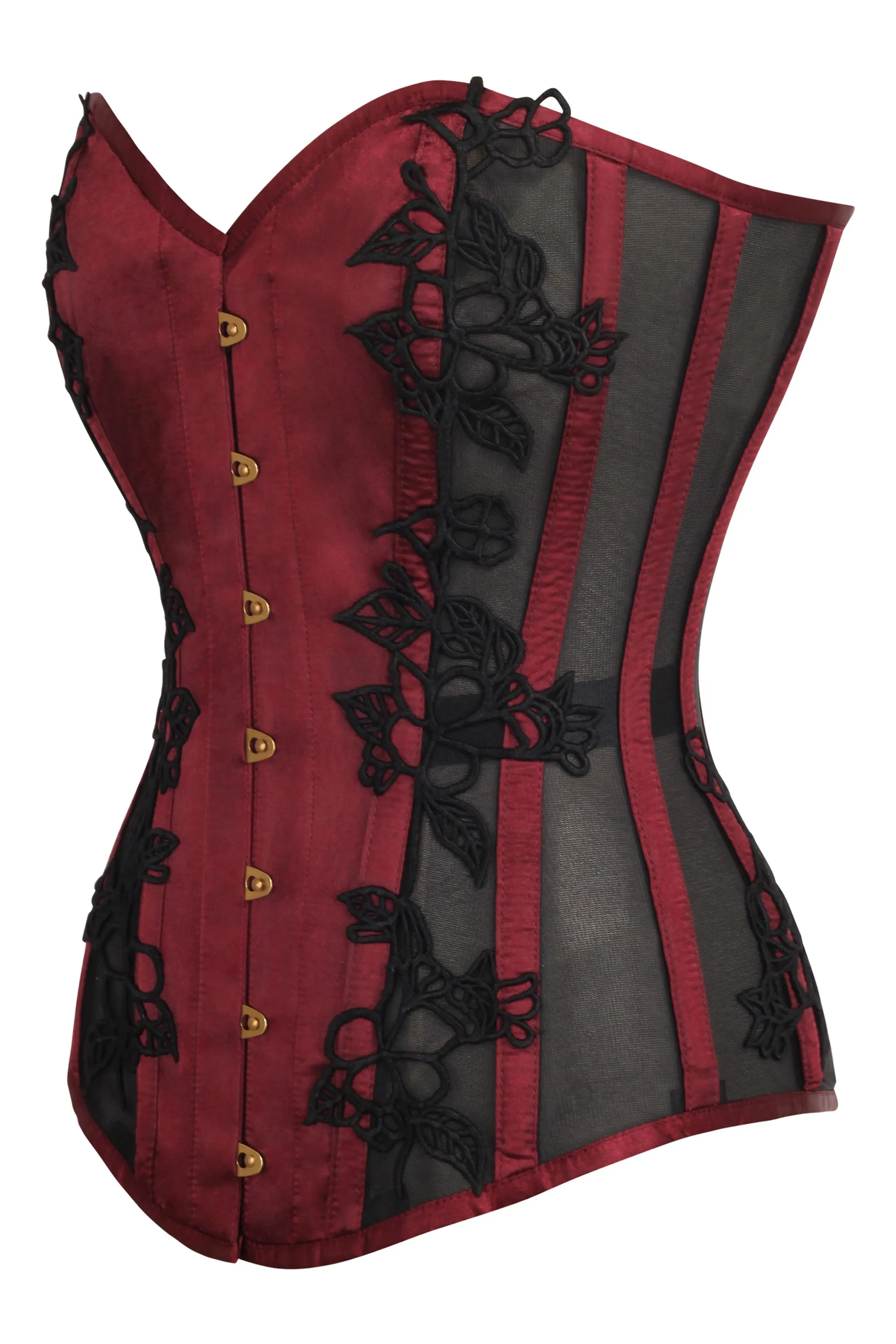 Burgundy Longline Overbust Corset with Black Lace and Mesh Panels sold by Corset Story product image thumbnail 3