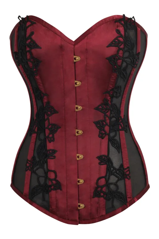 Burgundy Longline Overbust Corset with Black Lace and Mesh Panels sold by Corset Story