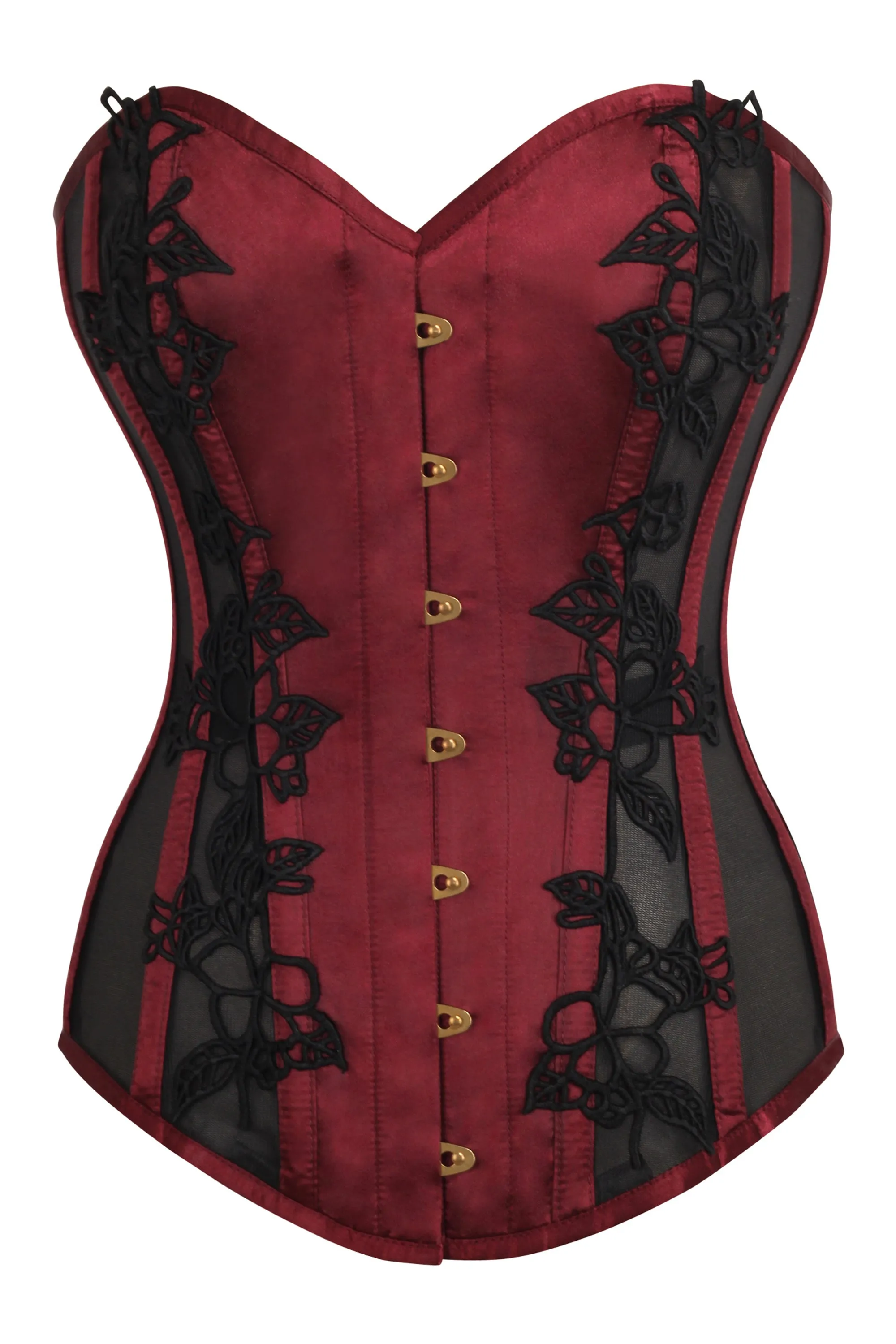 Burgundy Longline Overbust Corset with Black Lace and Mesh Panels sold by Corset Story