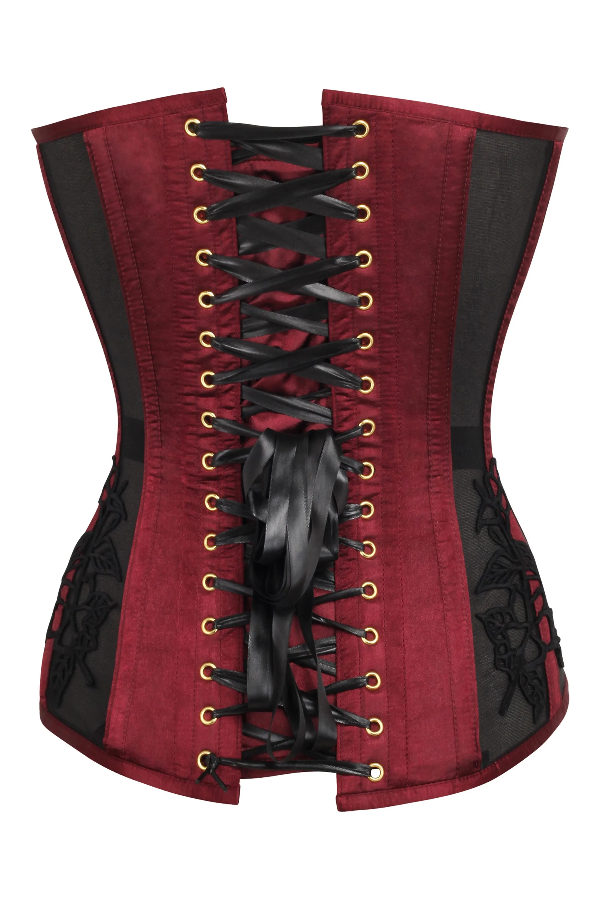 Burgundy Longline Overbust Corset with Black Lace and Mesh Panels sold by Corset Story product image thumbnail 2