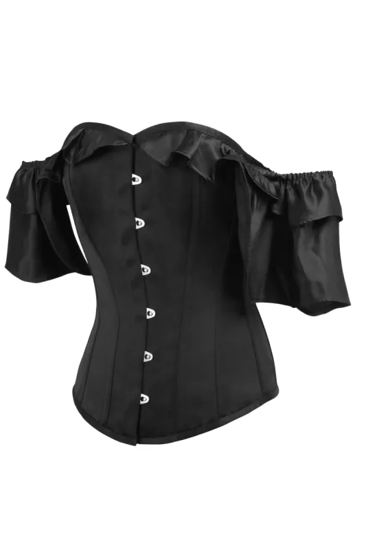 Black Satin Corset Top with off the Shoulder Frilled Sleeves sold by Corset Story