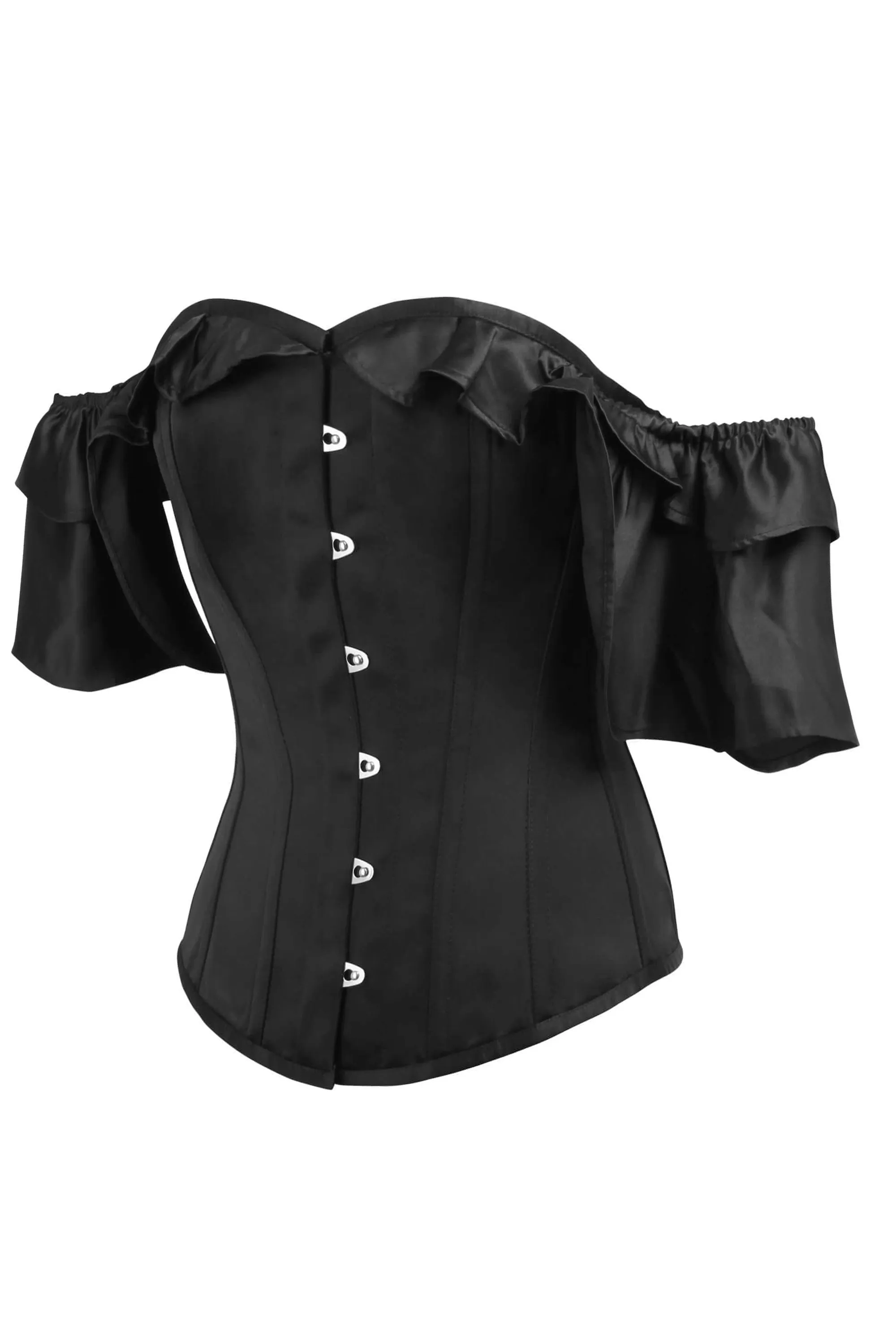 Black Satin Corset Top with off the Shoulder Frilled Sleeves sold by Corset Story