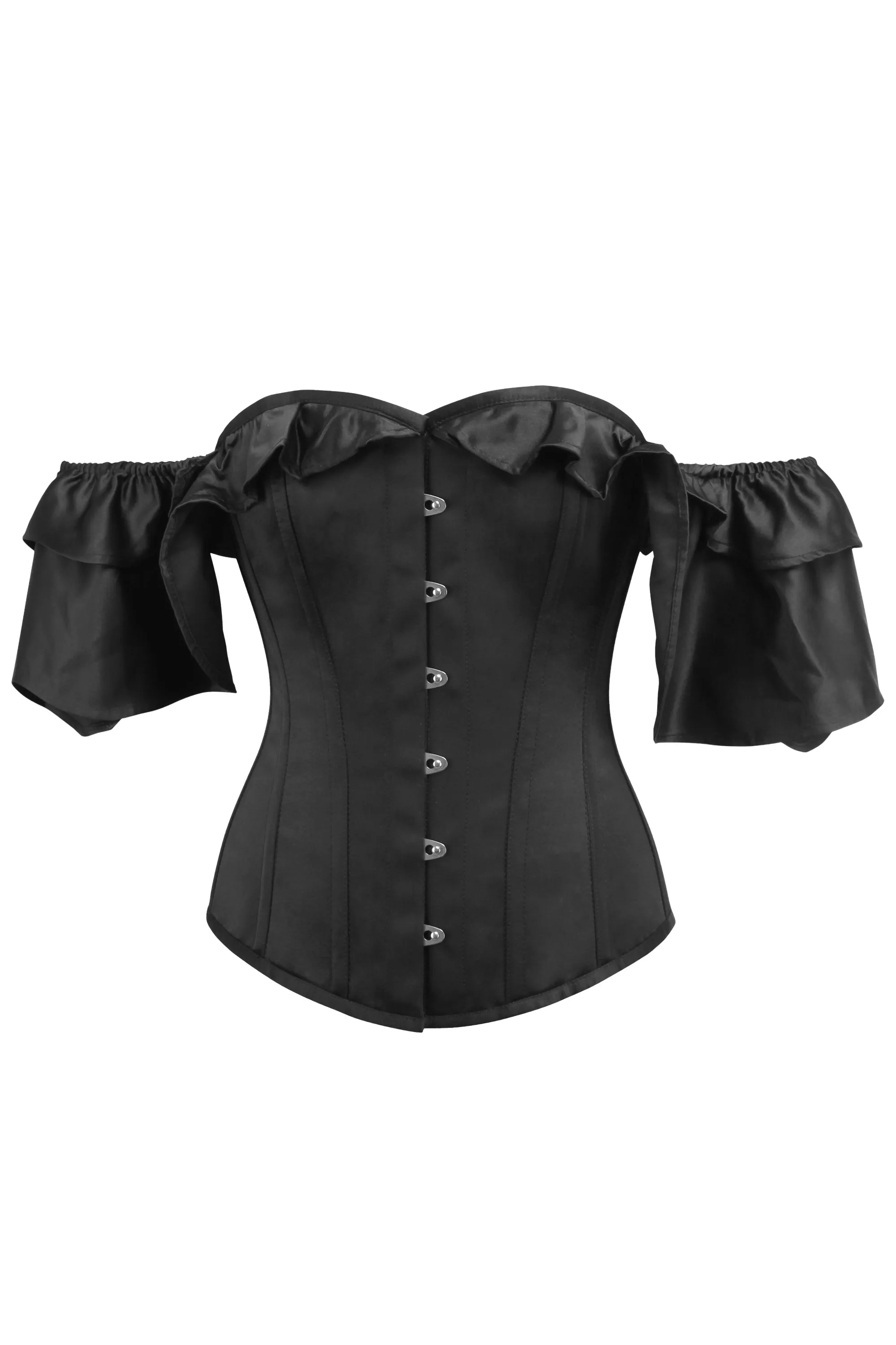 Black Satin Corset Top with off the Shoulder Frilled Sleeves sold by Corset Story product image thumbnail 3
