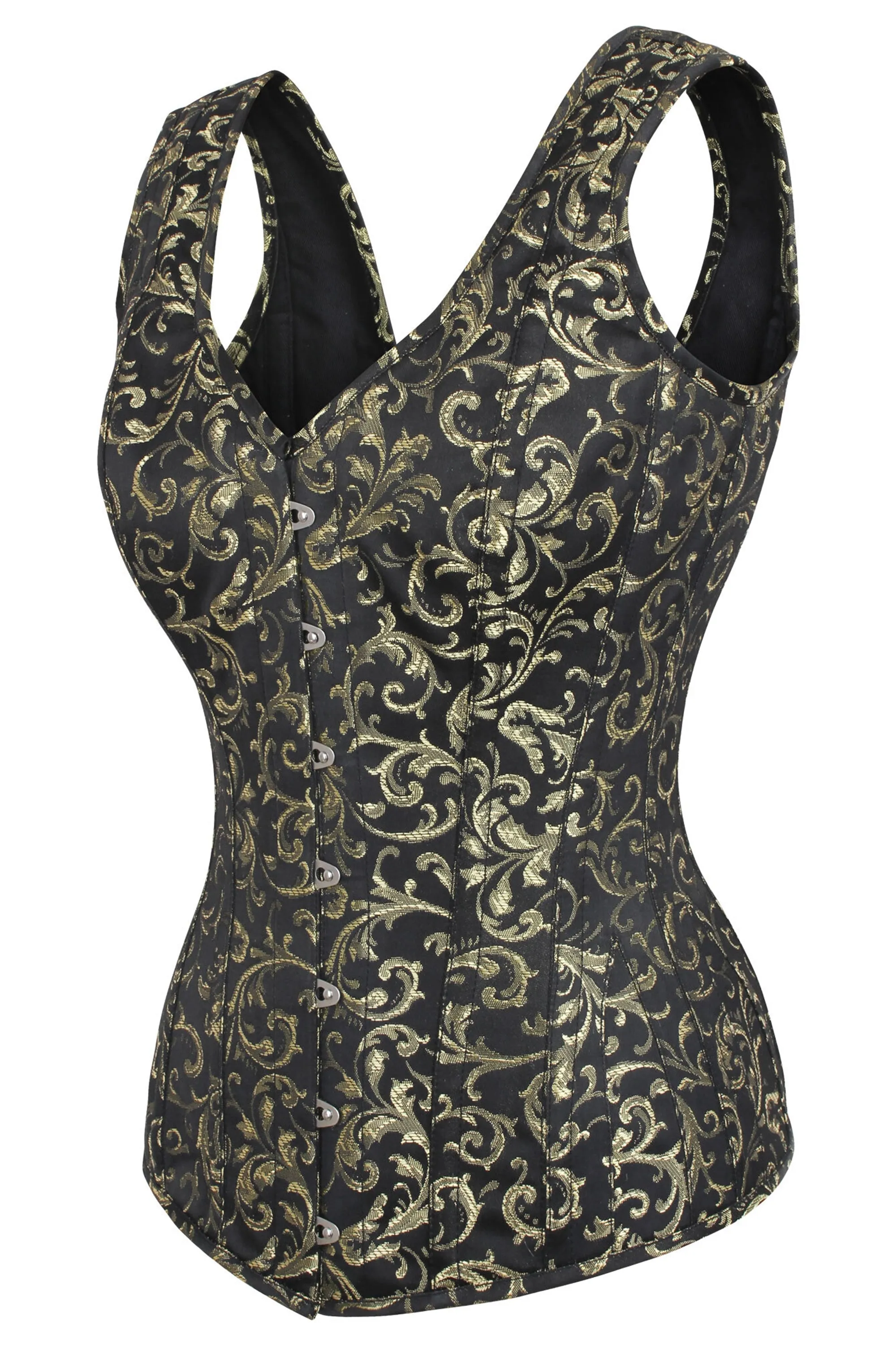 Gold Brocade V Neck Waist Taming Overbust With Straps sold by Corset Story product image thumbnail 3