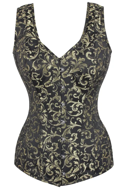 Gold Brocade V Neck Waist Taming Overbust With Straps sold by Corset Story