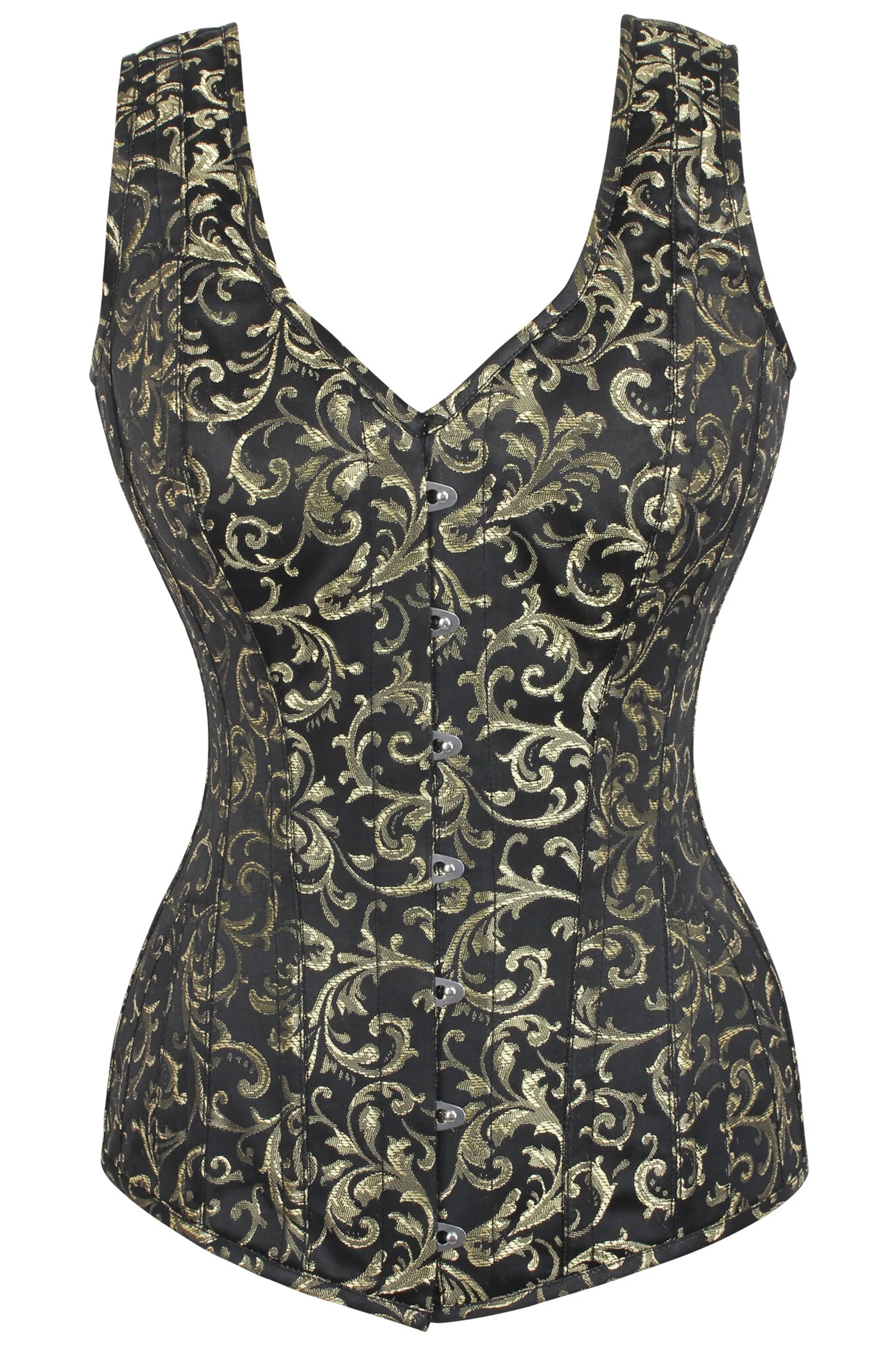 Gold Brocade V Neck Waist Taming Overbust With Straps sold by Corset Story
