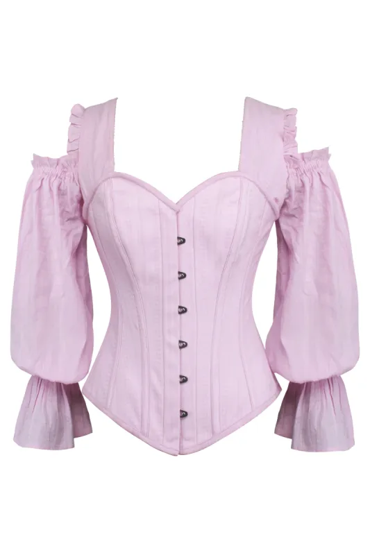 Pink Corset Top with Long Sleeves and a Cold Shoulder sold by Corset Story
