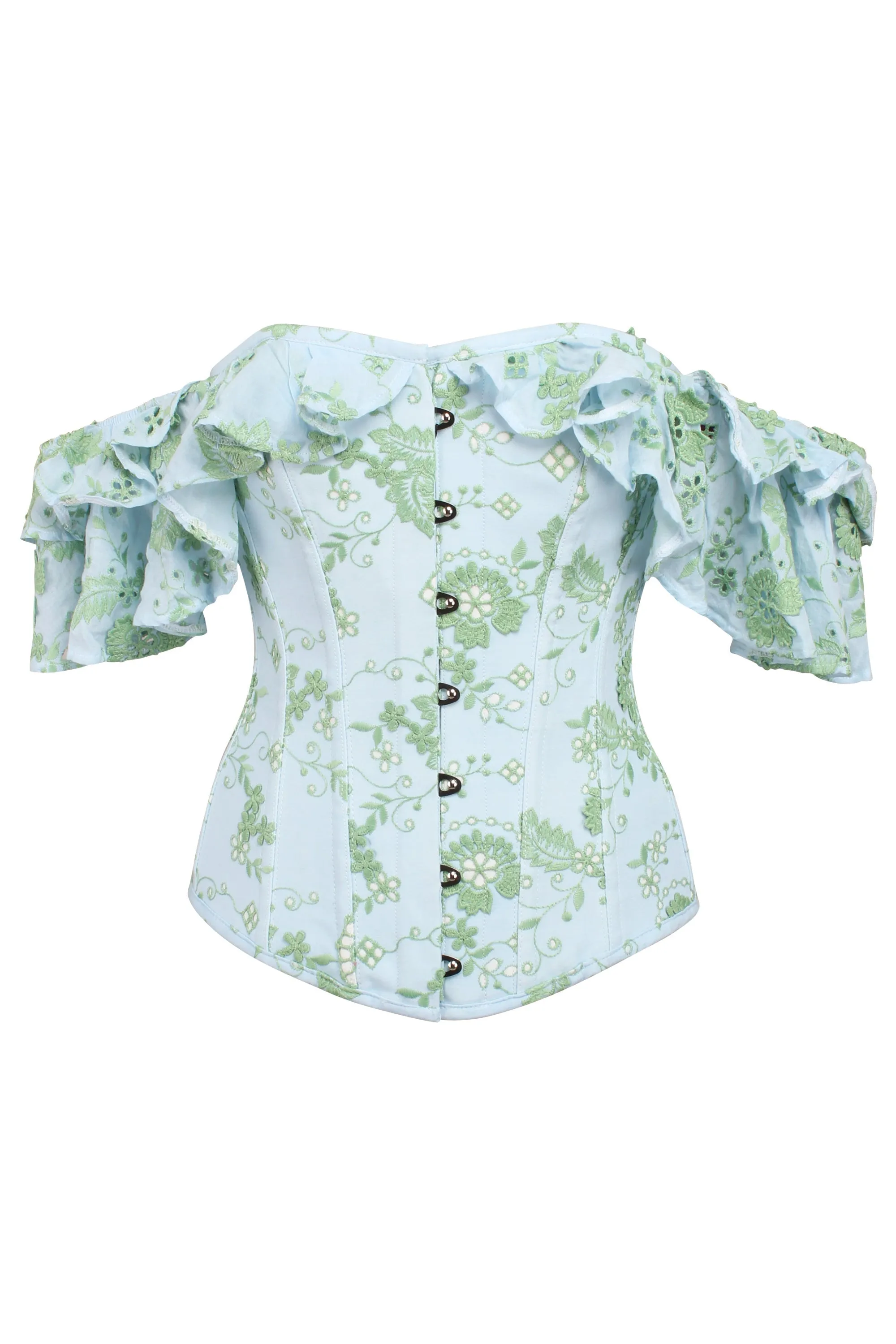 Sky blue broderie Anglaise sleeved corset top sold by Corset Story