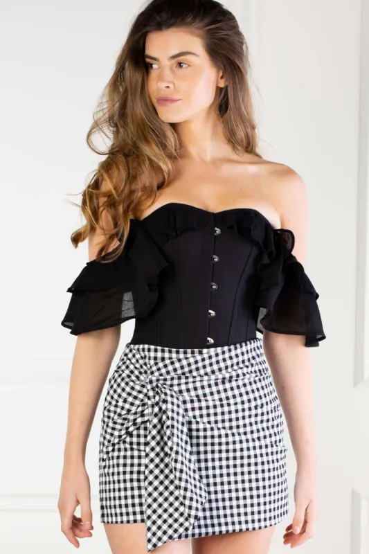 BLACK COTTON CORSET TOP WITH DOUBLE FRILLED SLEEVE sold by Corset Story