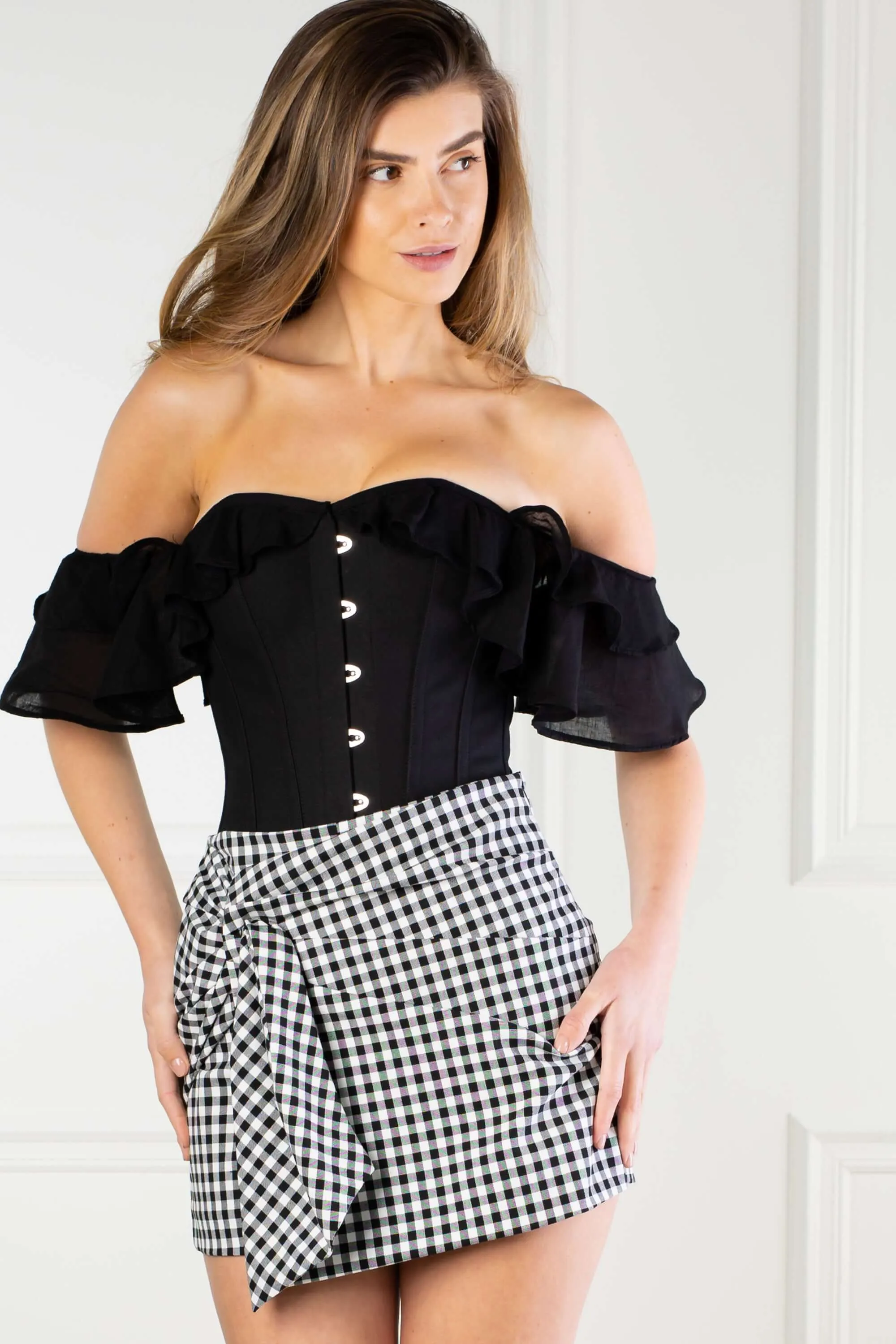 BLACK COTTON CORSET TOP WITH DOUBLE FRILLED SLEEVE sold by Corset Story product image thumbnail 2