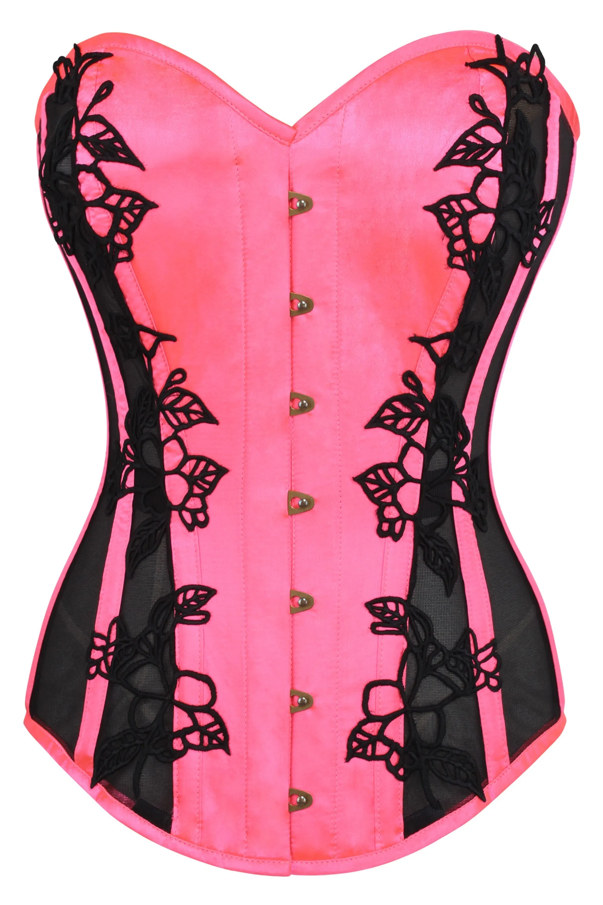 Hot Pink Longline Overbust Corset with Black Lace and Mesh Panels sold by Corset Story