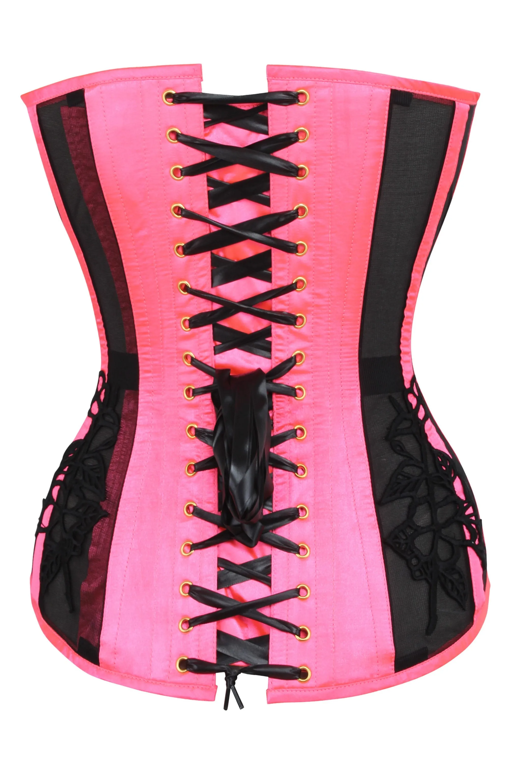 Hot Pink Longline Overbust Corset with Black Lace and Mesh Panels sold by Corset Story product image thumbnail 2