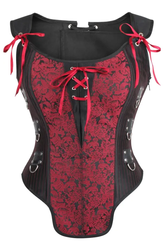 Red and Black Steampunk Overbust Corset with Shoulder Straps made by Corset Story