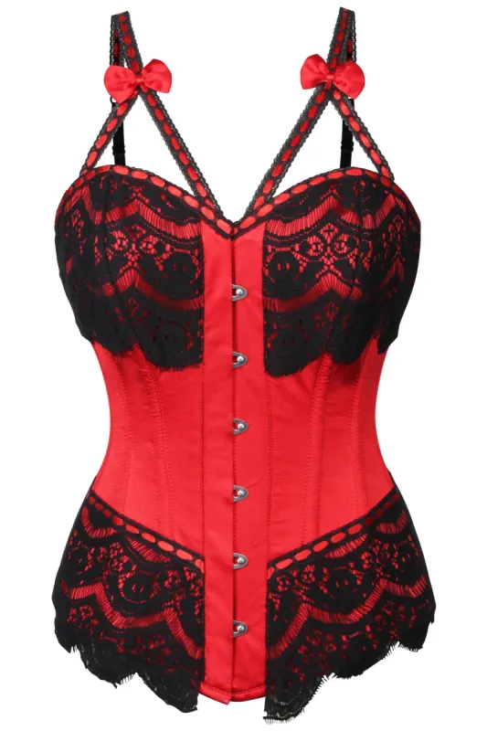Red Satin Overbust Corset With Eyelash Lace sold by Corset Story