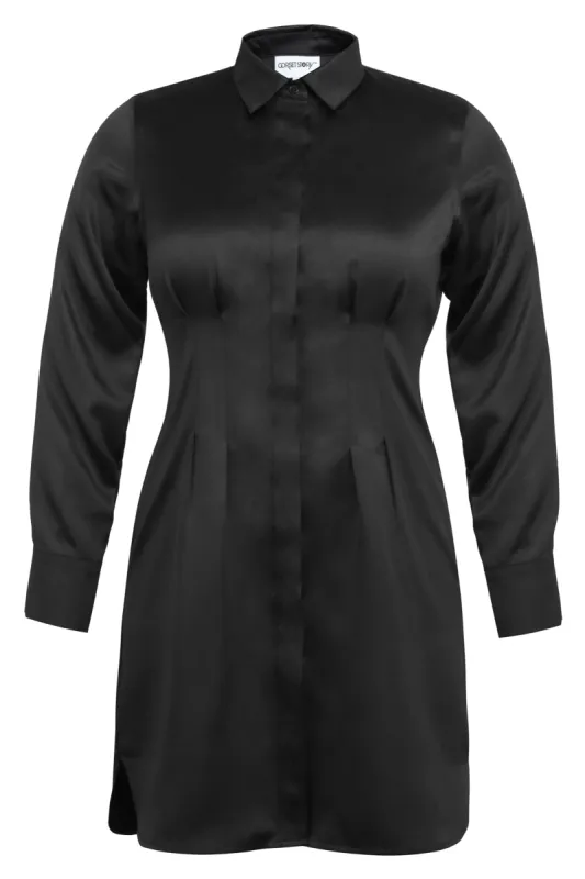MATILDA BEACON BLACK VISCOSE SHIRT DRESS WITH DARTED WAIST sold by Corset Story