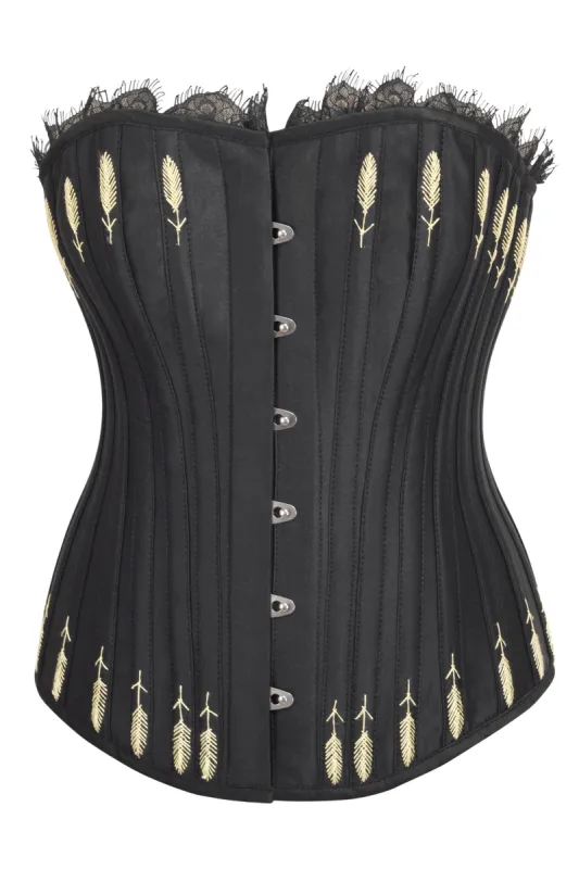Black Satin Overbust Corset with Lace and Flossing Finish sold by Corset Story