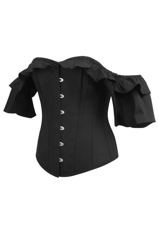 Black Cotton Corset Top with off the Shoulder Frilled Sleeves sold by Corset Story