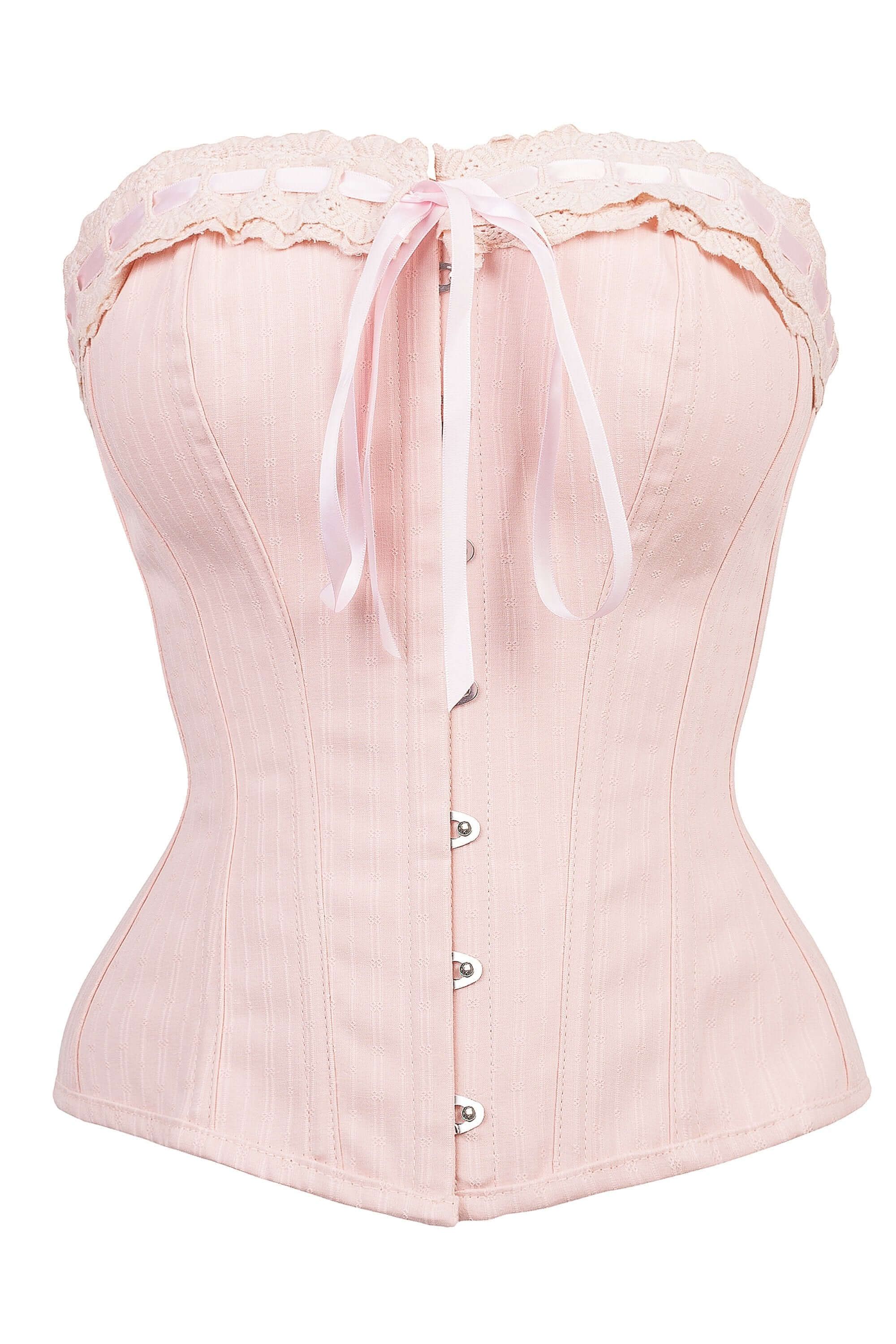 Classic Victorian Corset With Baby Pink Cotton Lace Trim And Ribbon Lacing sold by Corset Story