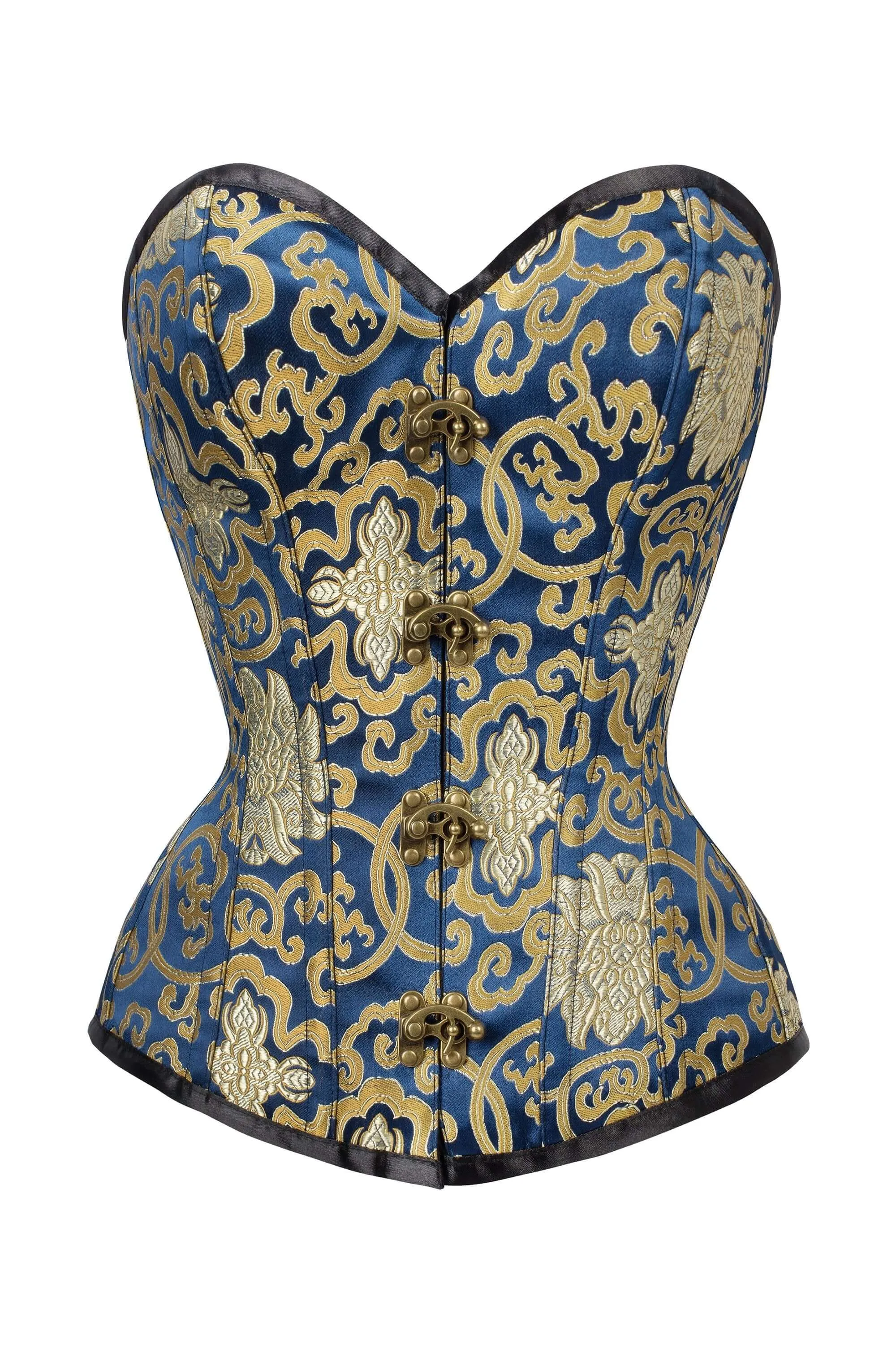 Blue With Gold Brocade Pattern Overbust With Hooks sold by Corset Story