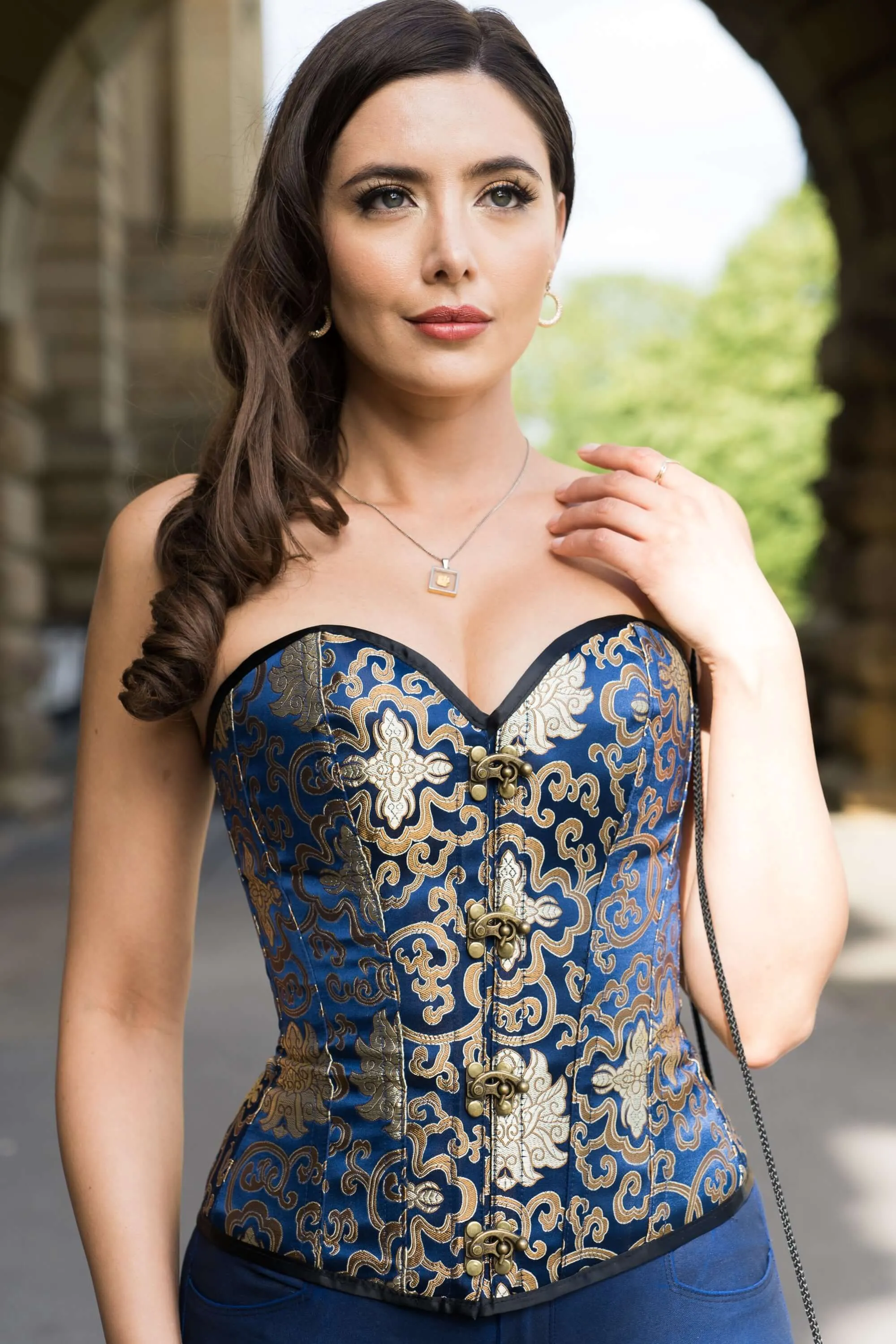 Blue With Gold Brocade Pattern Overbust With Hooks sold by Corset Story product image thumbnail 4