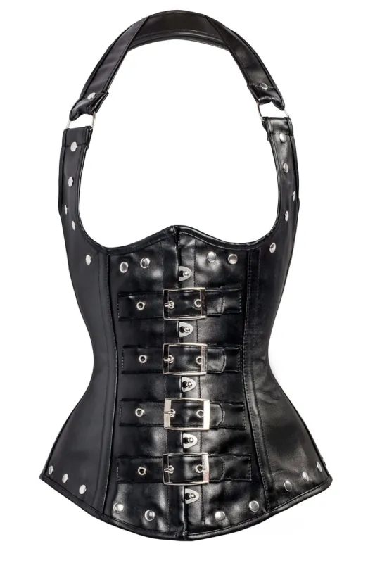 Black Leather Look PU Underbust With Halter Strap sold by Corset Story