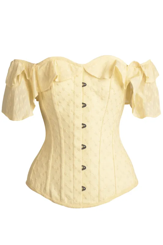 Yellow embroidery anglaise cotton corset top with frilled sleeve sold by Corset Story