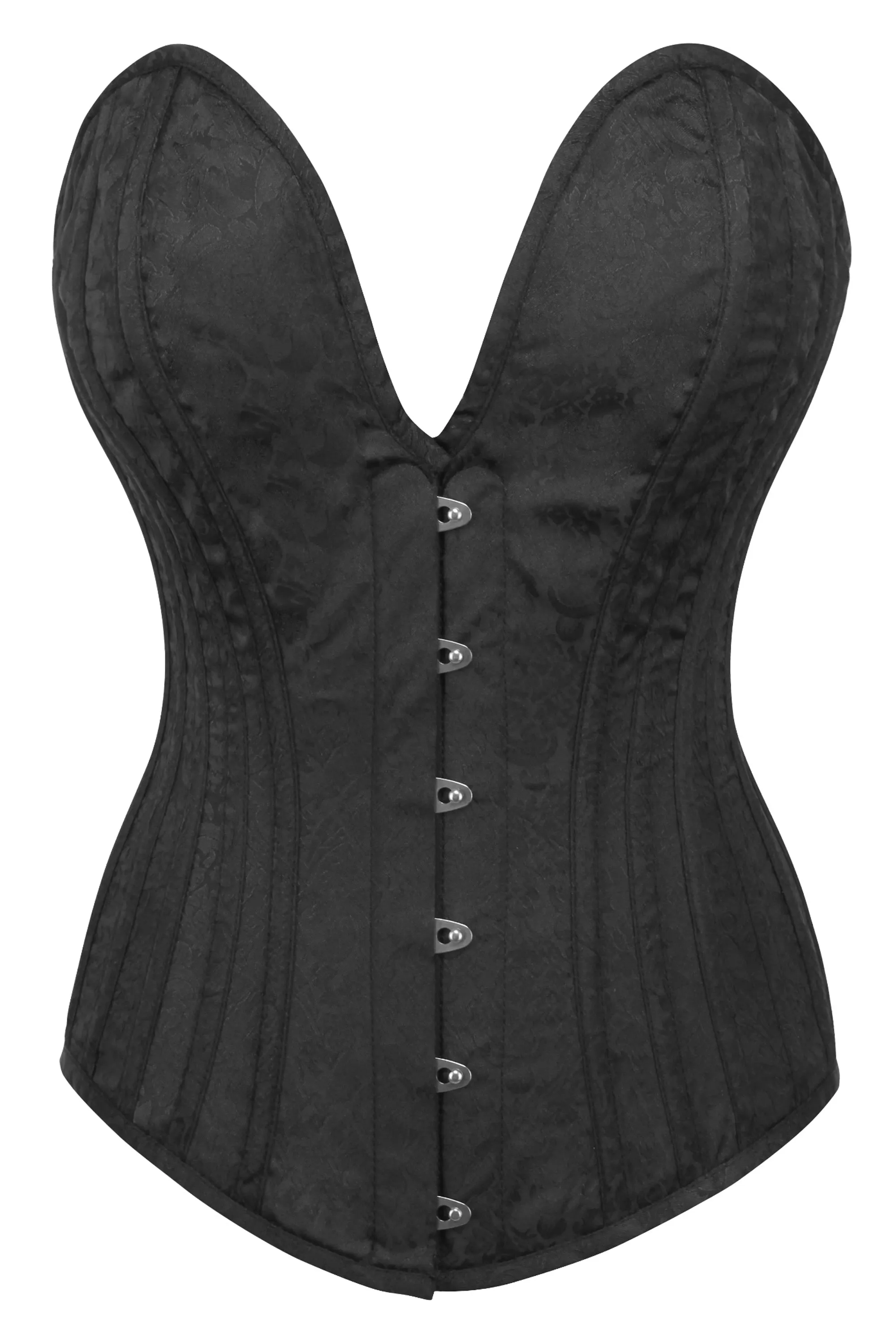Black Brocade Overbust Corset with Plunge Neckline sold by Corset Story
