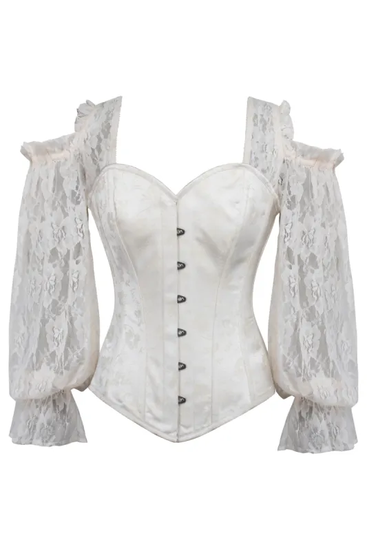 Ivory Brocade Overbust with Lace Sleeves sold by Corset Story