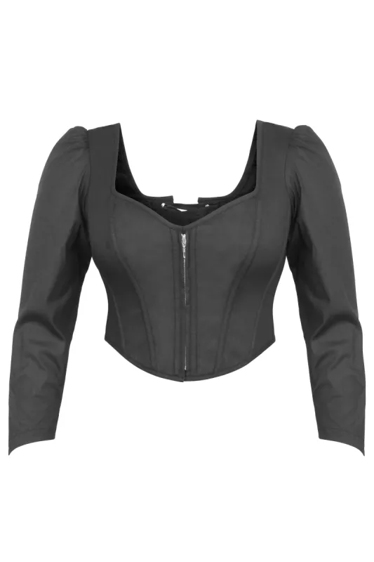 Theodora Black Stretch Cotton Corset Top with Long Sleeves sold by Corset Story