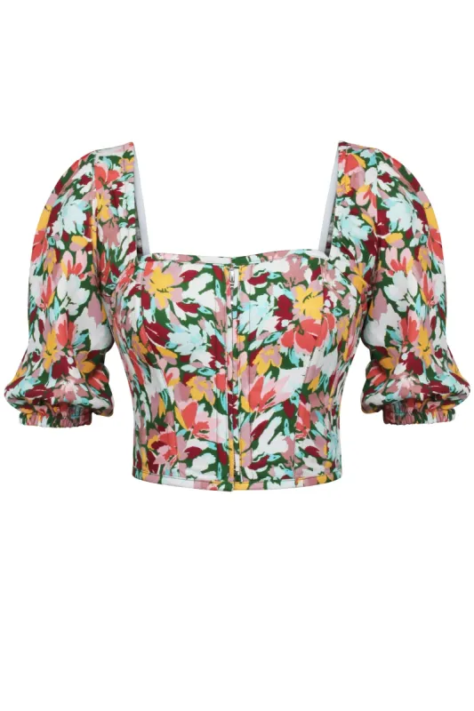 Fern Floral Explosion Viscose Cropped Corset with Puff Sleeves sold by Corset Story
