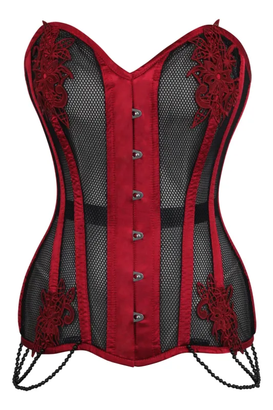 Burgundy with Black Mesh and Lace Appliqué Waist Taming Overbust Corset sold by Corset Story
