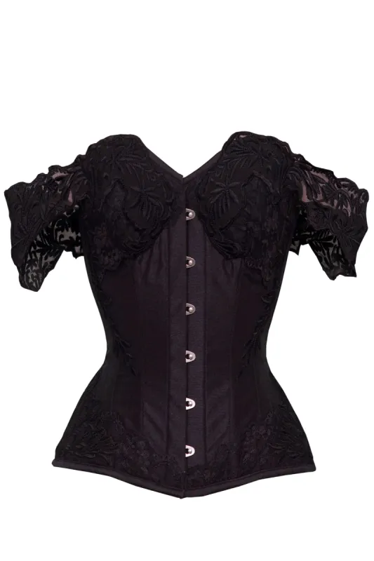Black Longline Corset Top with Lace Cap Sleeve sold by Corset Story