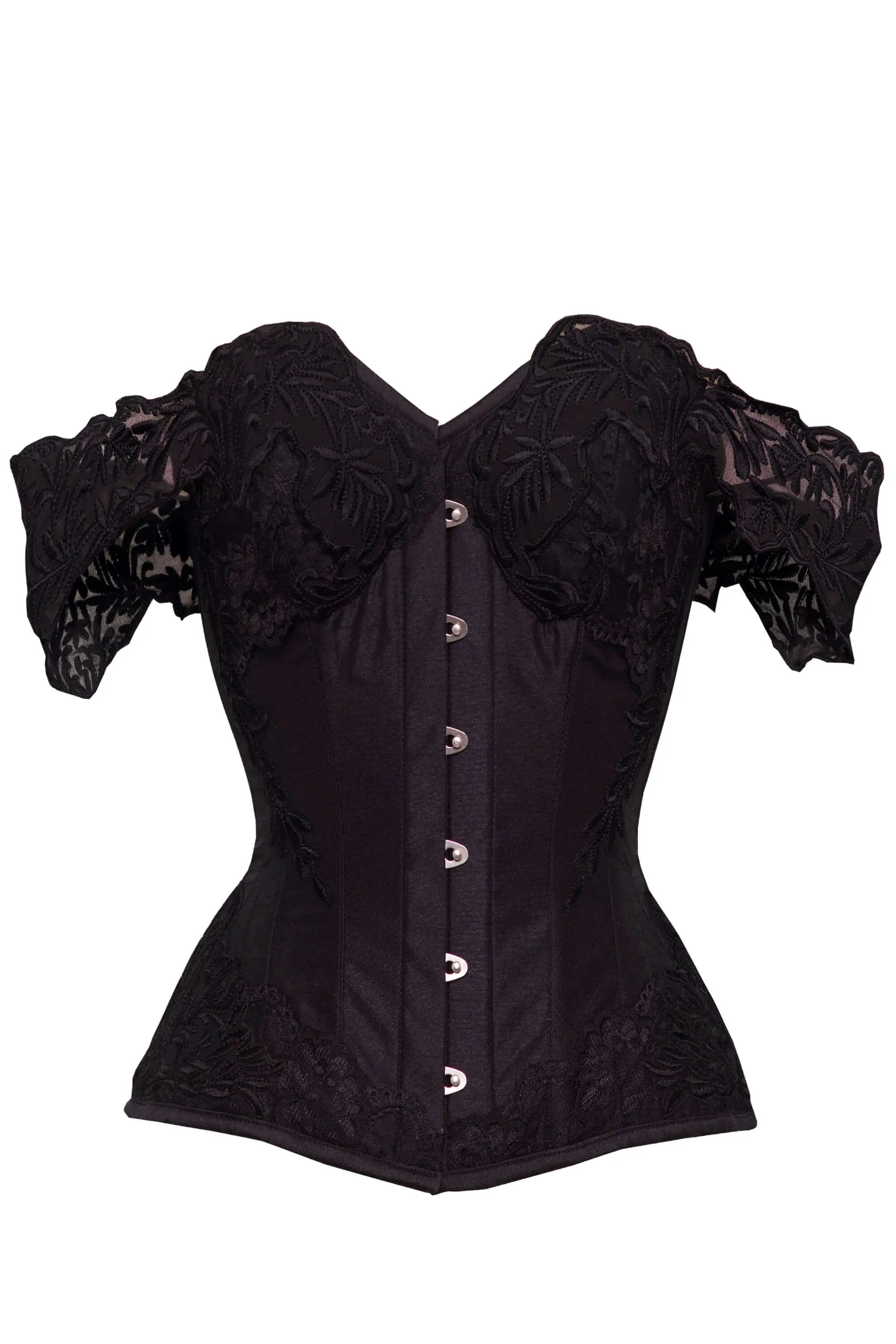 Black Longline Corset Top with Lace Cap Sleeve sold by Corset Story