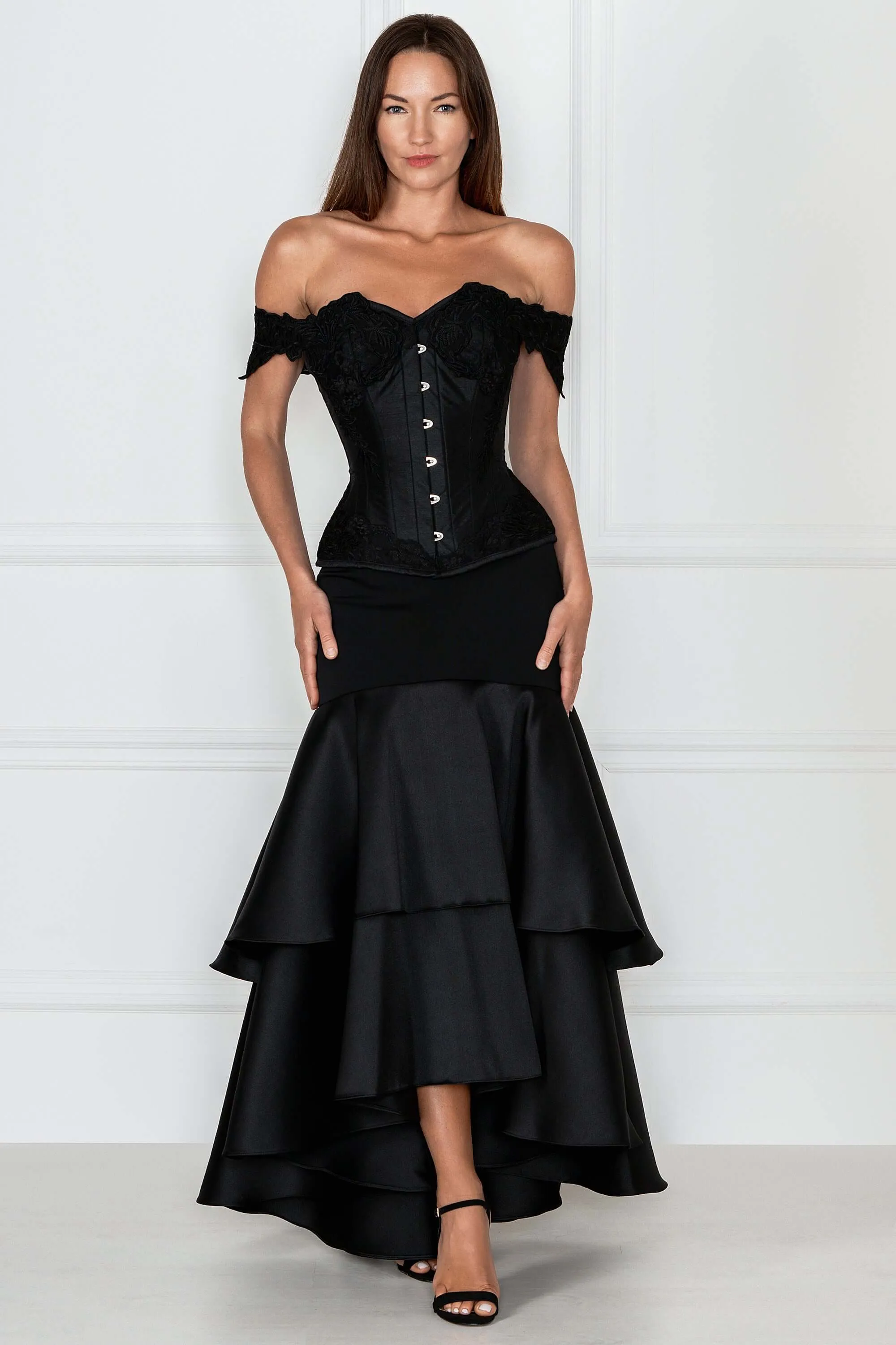Black Longline Corset Top with Lace Cap Sleeve sold by Corset Story product image thumbnail 2