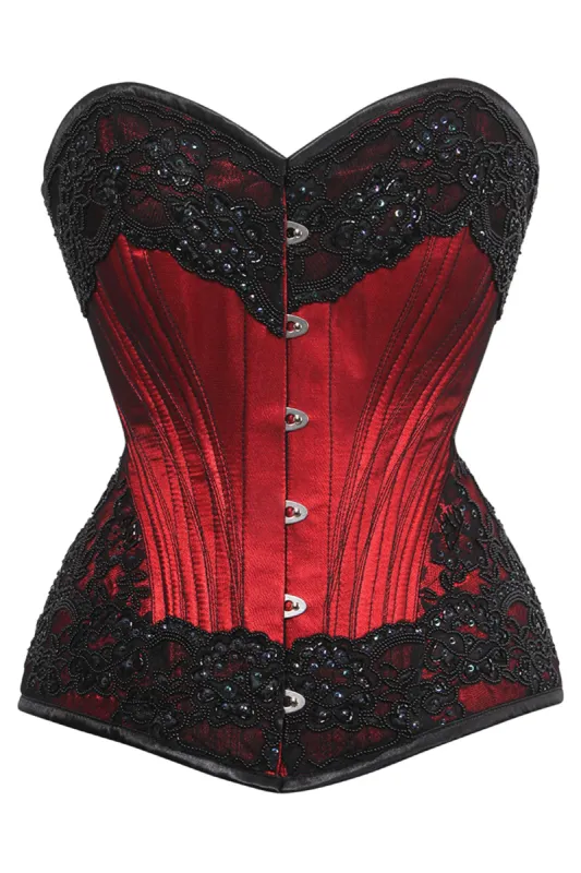 Red and Black Couture Overbust Corset with Lace Overlay sold by Corset Story