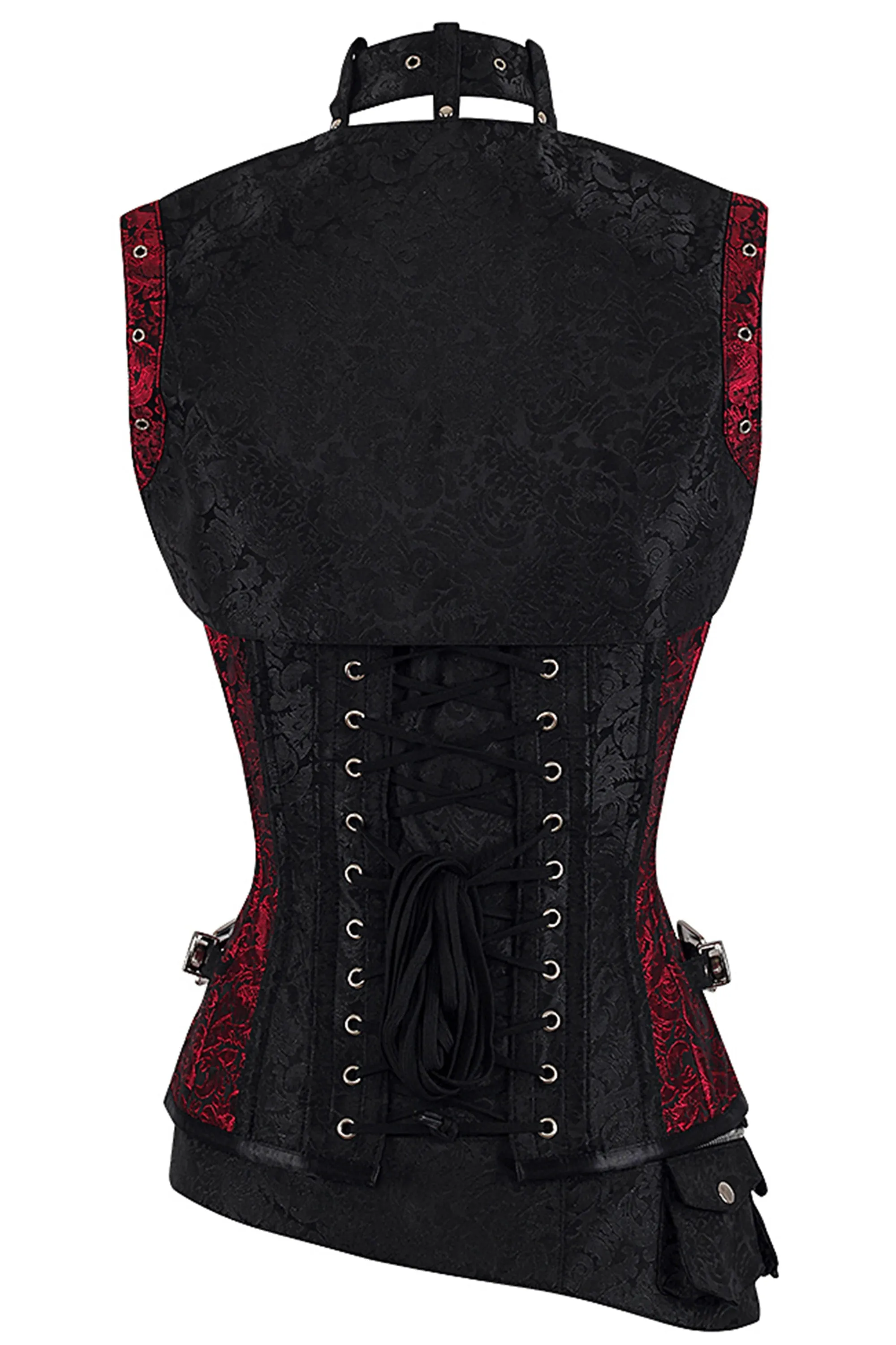 Red and Black Brocade Steampunk Overbust Corset with Swing Hooks and Shrug sold by Corset Story product image thumbnail 2
