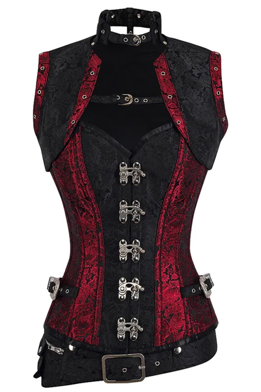 Red and Black Brocade Steampunk Overbust Corset with Swing Hooks and Shrug sold by Corset Story