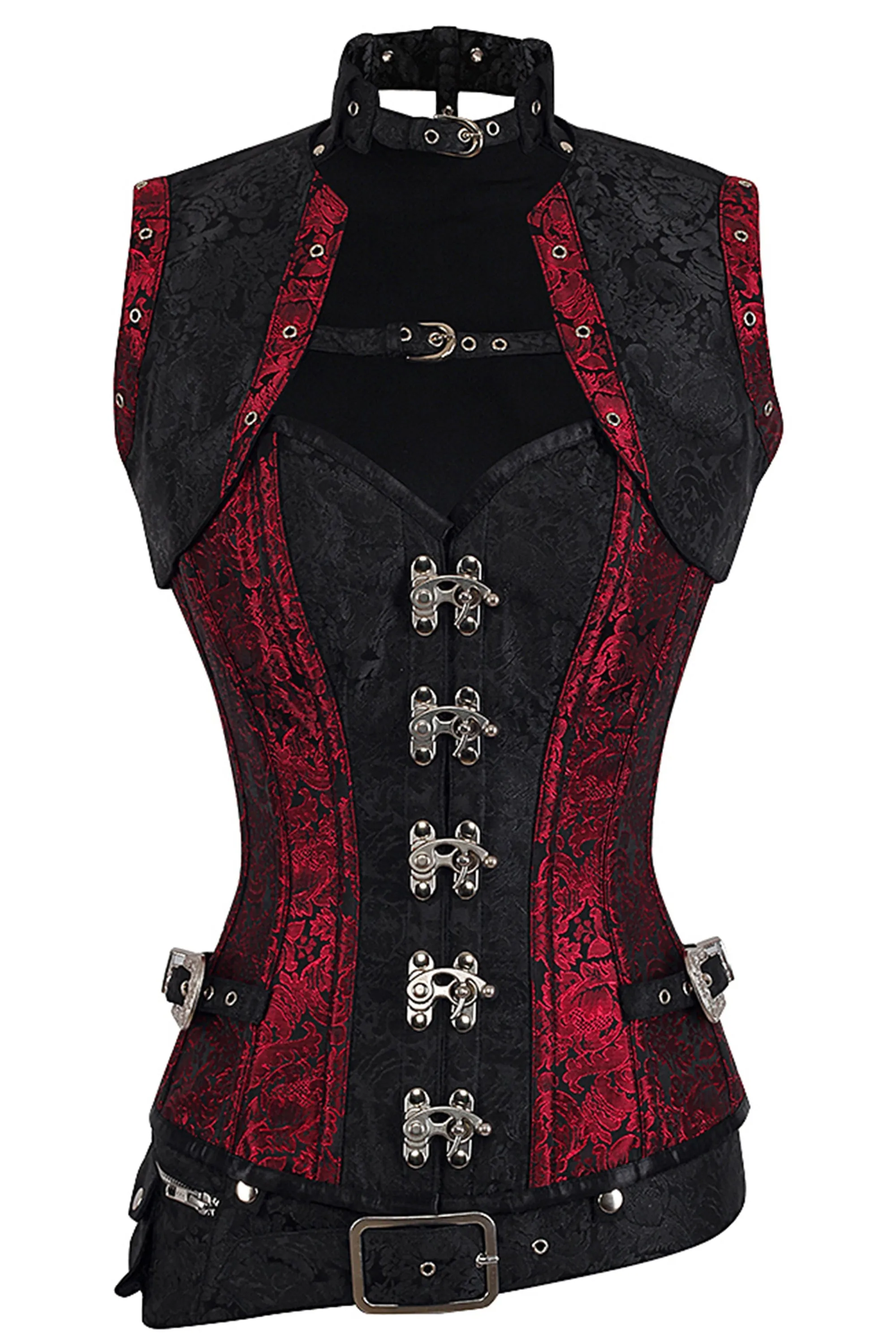 Red and Black Brocade Steampunk Overbust Corset with Swing Hooks and Shrug sold by Corset Story