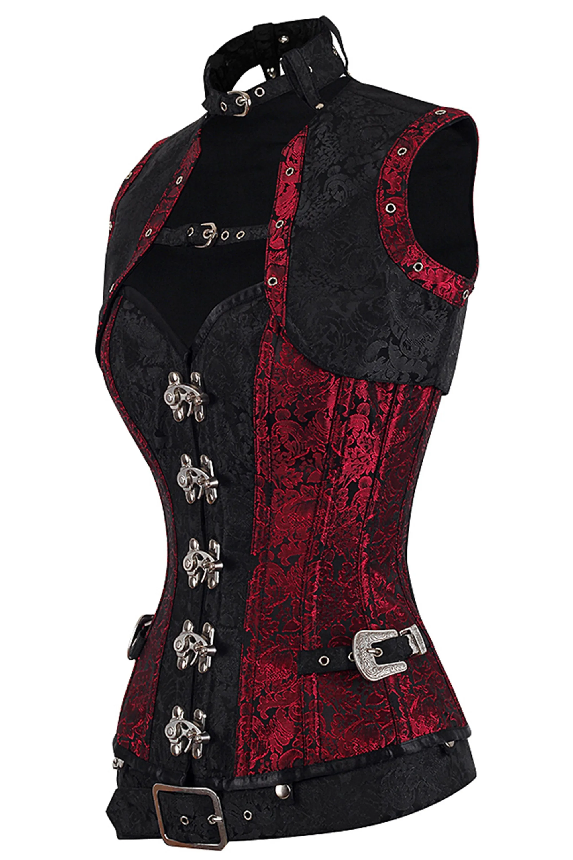 Red and Black Brocade Steampunk Overbust Corset with Swing Hooks and Shrug sold by Corset Story product image thumbnail 3