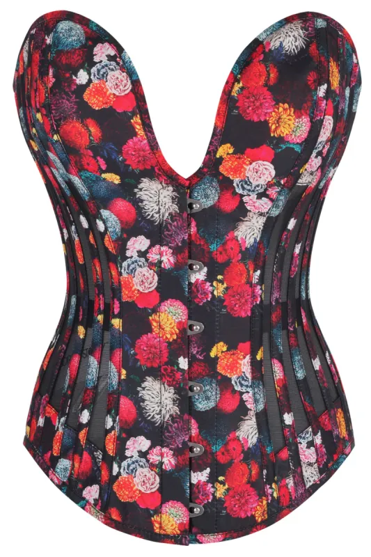 Floral Print Cotton Overbust Corset with Plunge Neckline and Side Mesh Panels sold by Corset Story