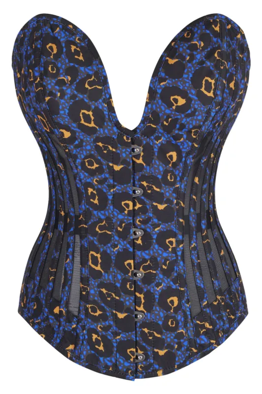 Purple Leopard Print Overbust Corset with Plunge Neckline and Side Mesh Panels sold by Corset Story