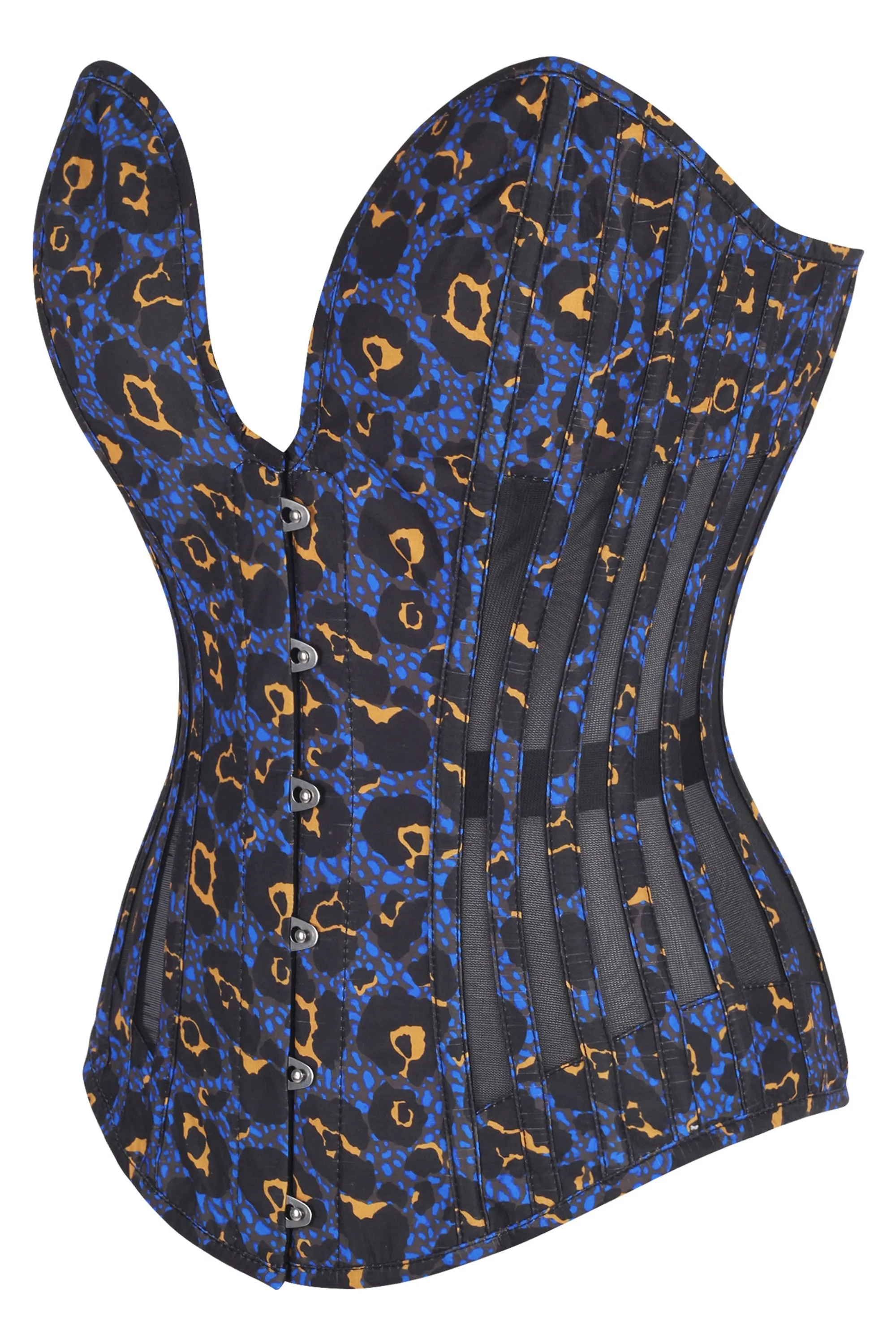 Purple Leopard Print Overbust Corset with Plunge Neckline and Side Mesh Panels sold by Corset Story product image thumbnail 3