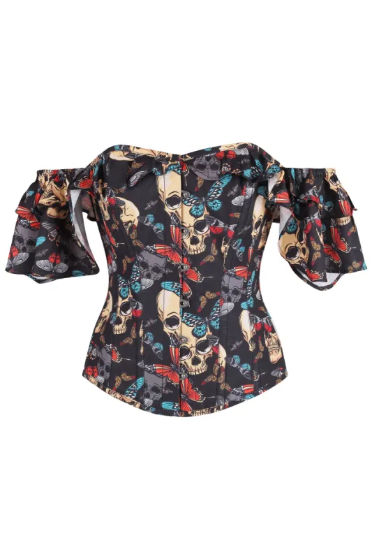 Butterfly and Skull Print Corset Top With Frilled Sleeve sold by Corset Story