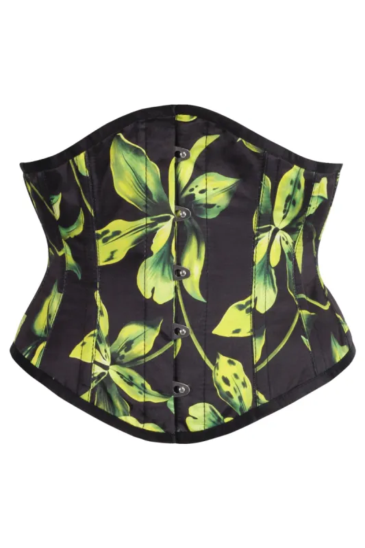 Green and Black Floral Print Waspie Corset sold by Corset Story