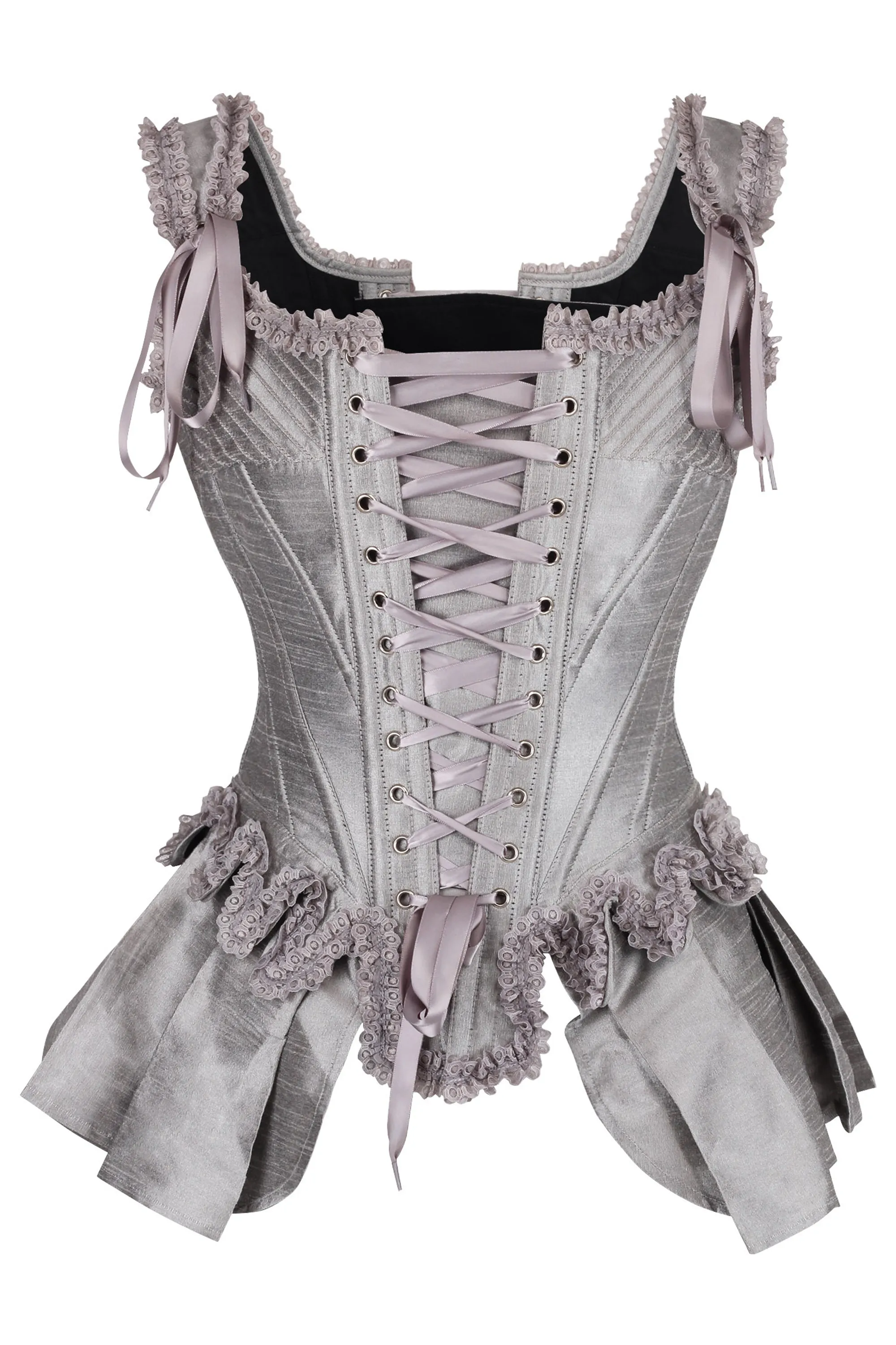 Silver Historically Inspired Corset Overbust with Bustle sold by Corset Story