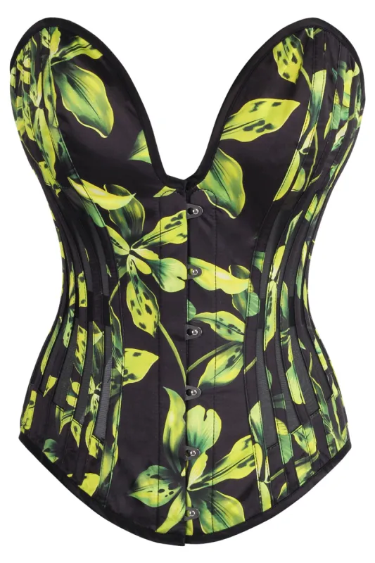 Green and Black Floral Print Overbust Corset with Plunge Neckline and Side Mesh Panels sold by Corset Story