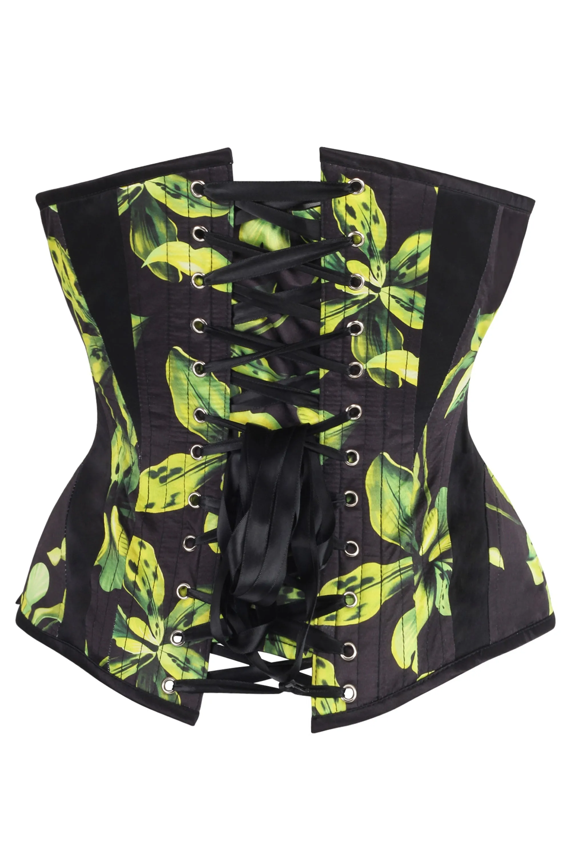 Green and Black Floral Print Overbust Corset with Side Zip sold by Corset Story product image thumbnail 2