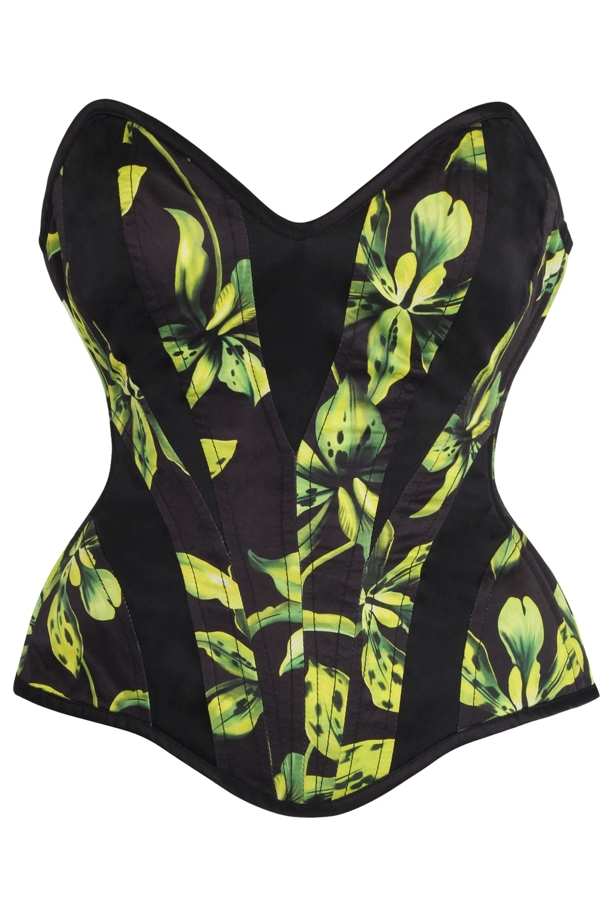 Green and Black Floral Print Overbust Corset with Side Zip sold by Corset Story